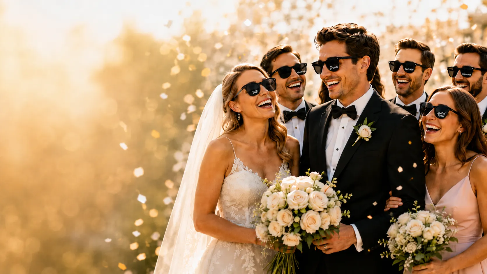 Wedding party laughing together outdoors, all wearing matching black sunglasses, confetti in the air