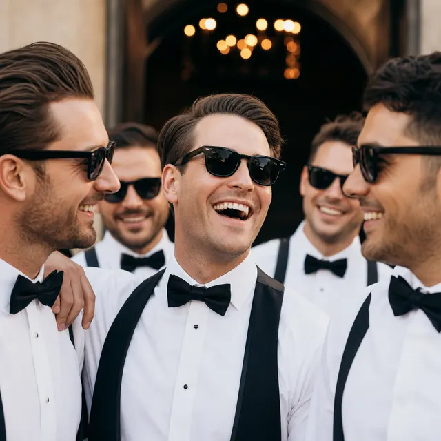 Groomsmen in bow ties wearing black sunglasses