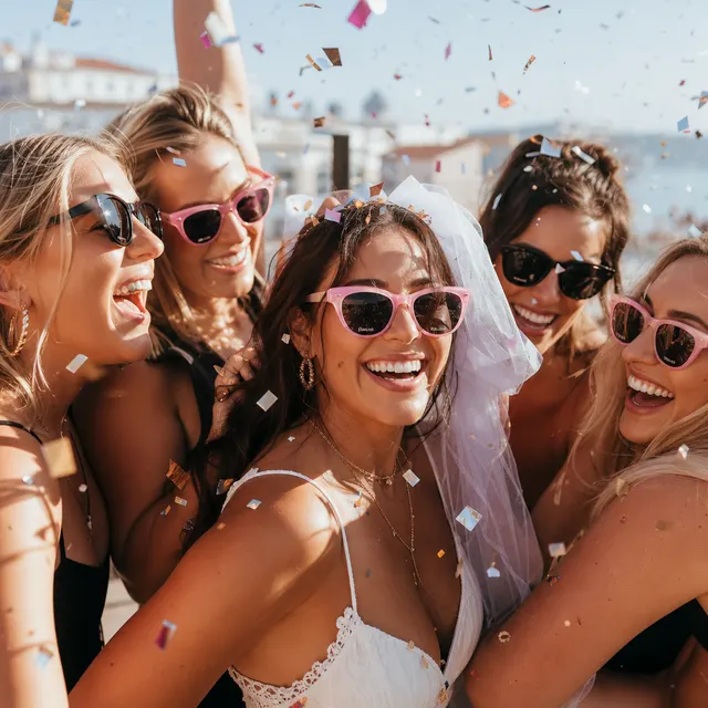 Bachelorette group in pink sunglasses