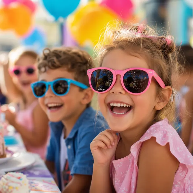 Children at a birthday party in colorful sunglasses