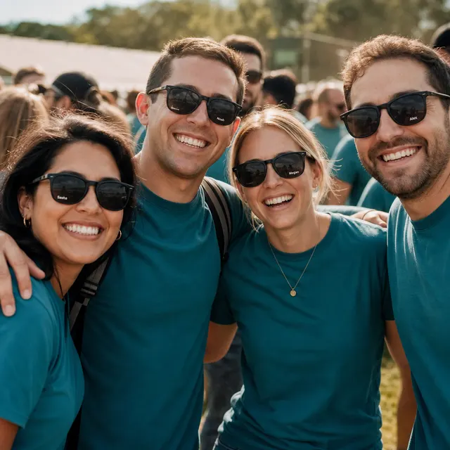 Team in matching shirts and sunglasses at a group event