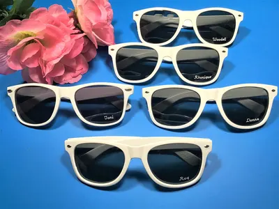 White wayfarer sunglasses engraved for a wedding party