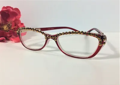 DARK RED READER with Gold Crystals and a Gold Accent on the arms. Free Faux Leather Case Personalized with a Name. Charm